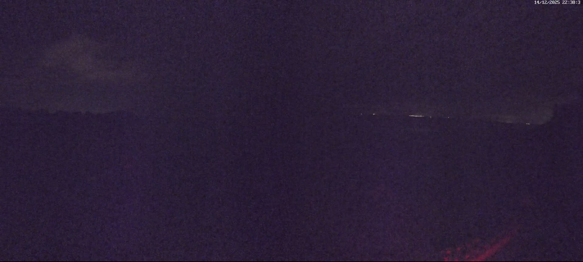 The image displays a sunny, partly cloudy day over a wide sandy beach with active waves, flanked by green cliffs and a paved promenade featuring benches and a parked car.