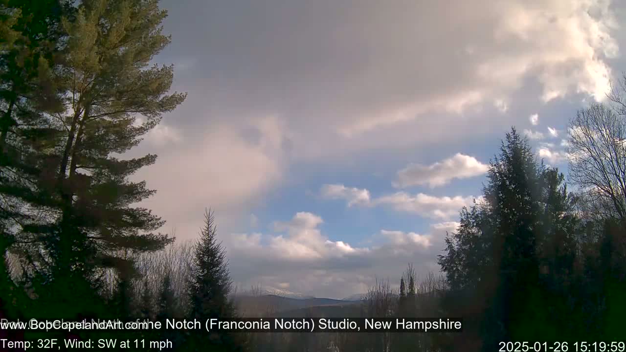 A partly cloudy sky with some blue showing through, a light southwest wind, and distant mountains are visible through evergreen trees.