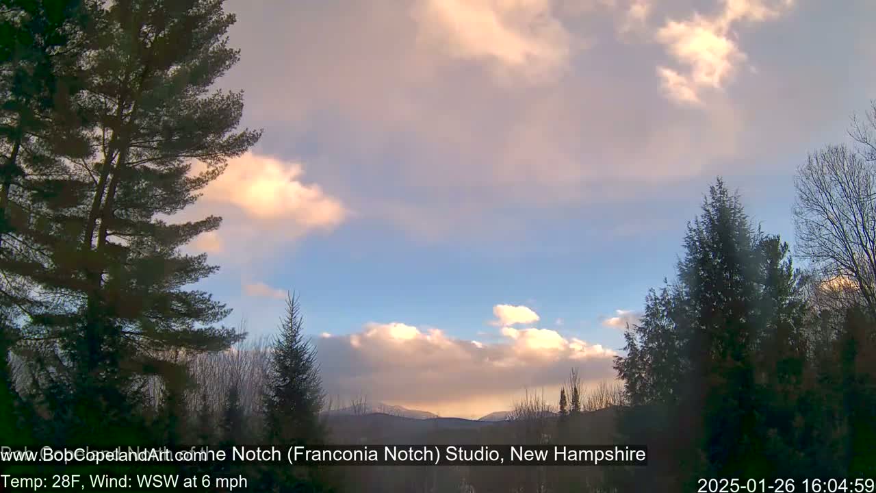 A partly cloudy, pale pink and blue sunset over a mountain range, viewed from behind a stand of evergreen trees in a 28°F temperature with a 6 mph wind.