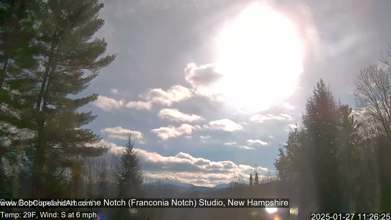A bright sun shines through partly cloudy skies above a landscape of evergreen trees and distant mountains, with a light wind.