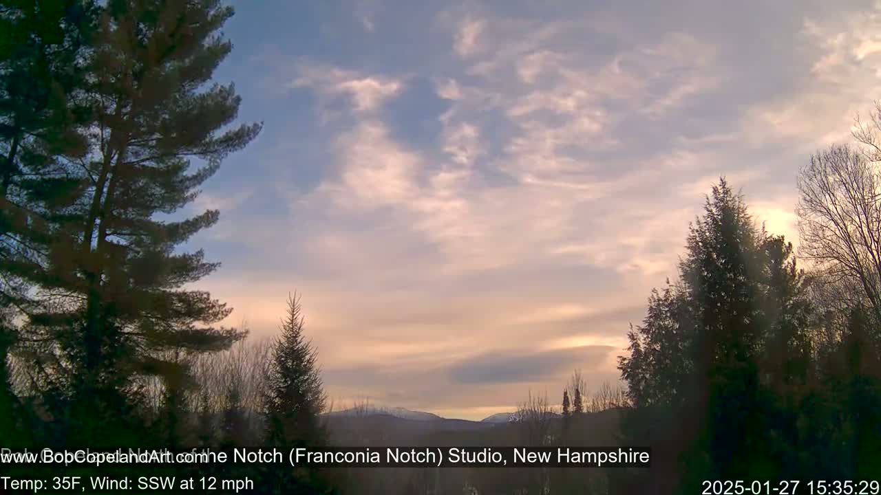 Silhouetted evergreens frame a sunset with wispy clouds under a pale blue sky, and distant snow-capped mountains are visible in the background, with a 12 mph south-southwesterly wind.