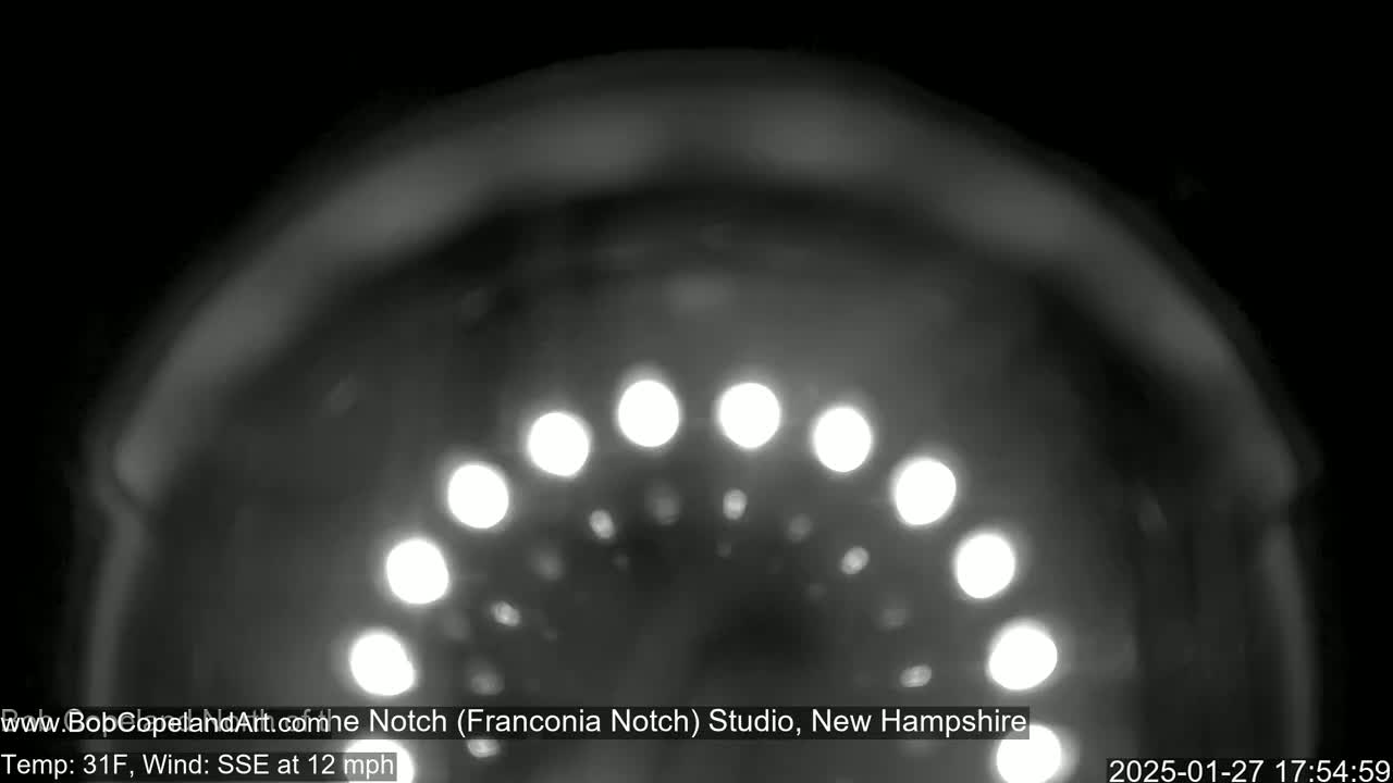 A blurry, nighttime image shows a semi-circular arrangement of bright lights against a dark background, with a 31°F temperature and a 12 mph wind from the south-southeast.