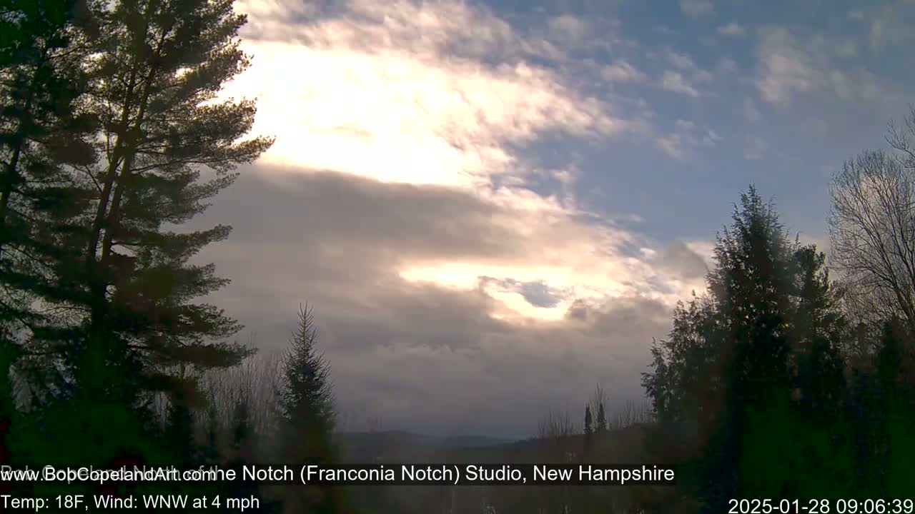 Silhouetted evergreen trees are visible against a partly cloudy sky, with a break in the clouds revealing bright sunlight and a light wind.
