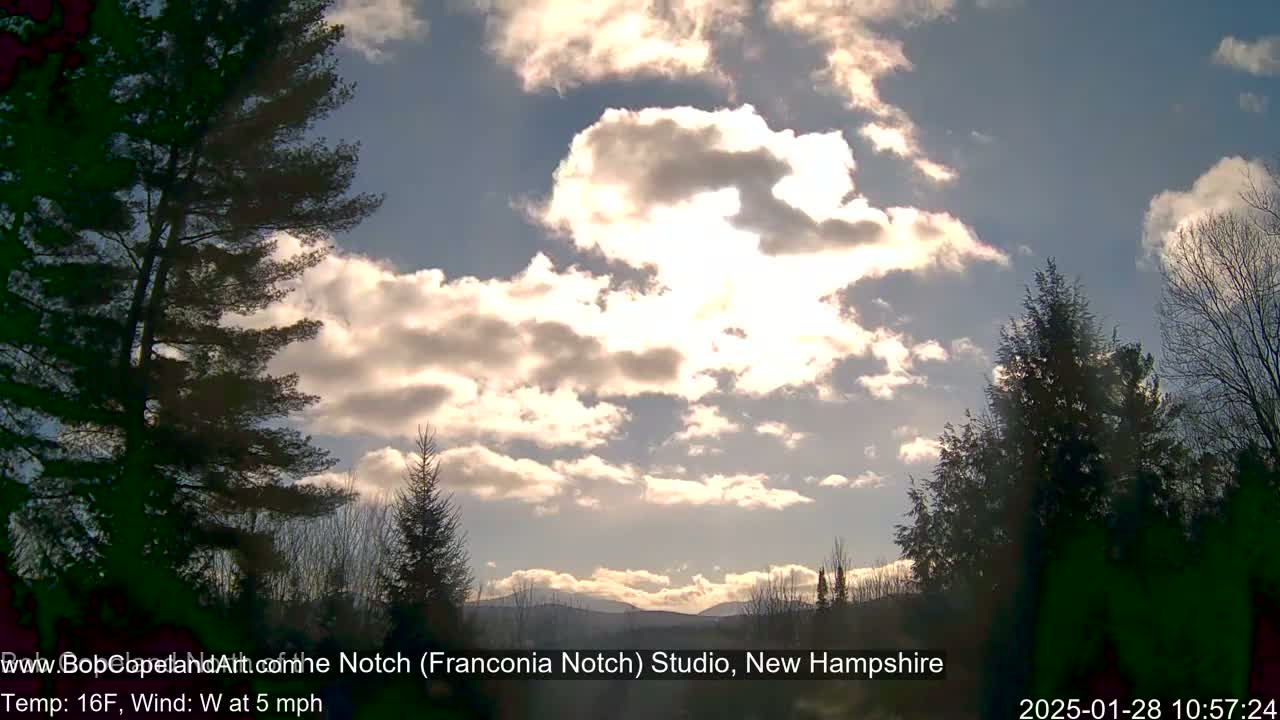 A partly cloudy sky with bright sunlight illuminates a landscape of evergreen trees and distant mountains, with a light west wind.