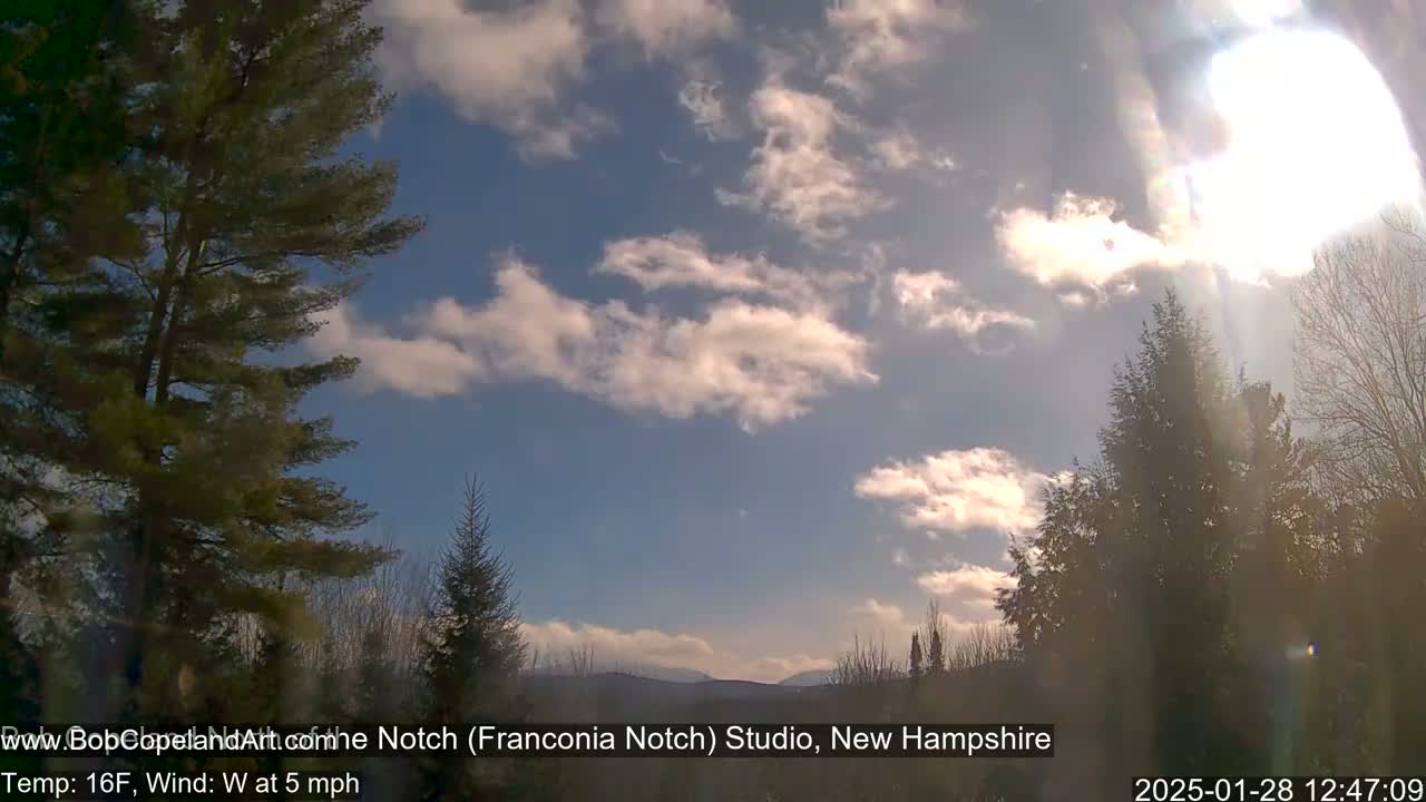 A partly sunny day with a light westerly wind reveals distant mountains partially obscured by clouds, framed by evergreen trees.