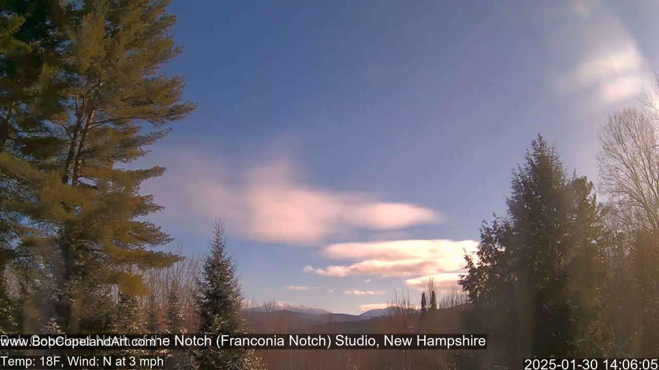 A partly cloudy, cold, and slightly windy outdoor scene shows a winter landscape with evergreen trees in the foreground and distant mountains under a mostly clear blue sky.