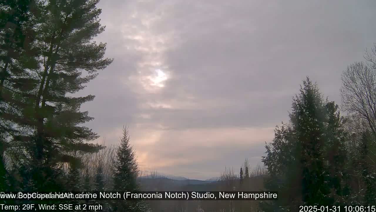 A partly cloudy sunrise over a snow-dusted landscape of evergreens and distant mountains, with a light southeasterly wind.
