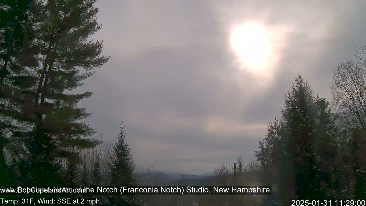 A hazy sun shines over a snow-dusted landscape of evergreen trees under a mostly cloudy sky.
