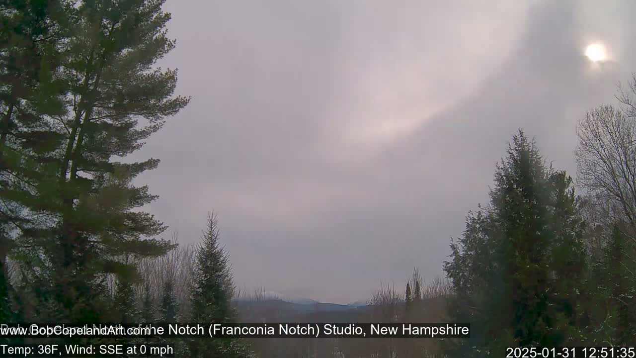 A hazy, sunlit sky over a snow-dusted landscape of evergreen trees and distant mountains.