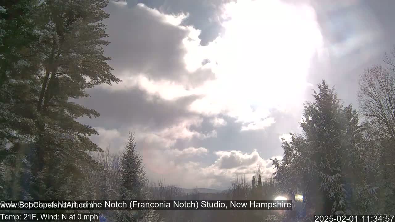 Snow-covered evergreens are silhouetted against a bright, partly cloudy sky.
