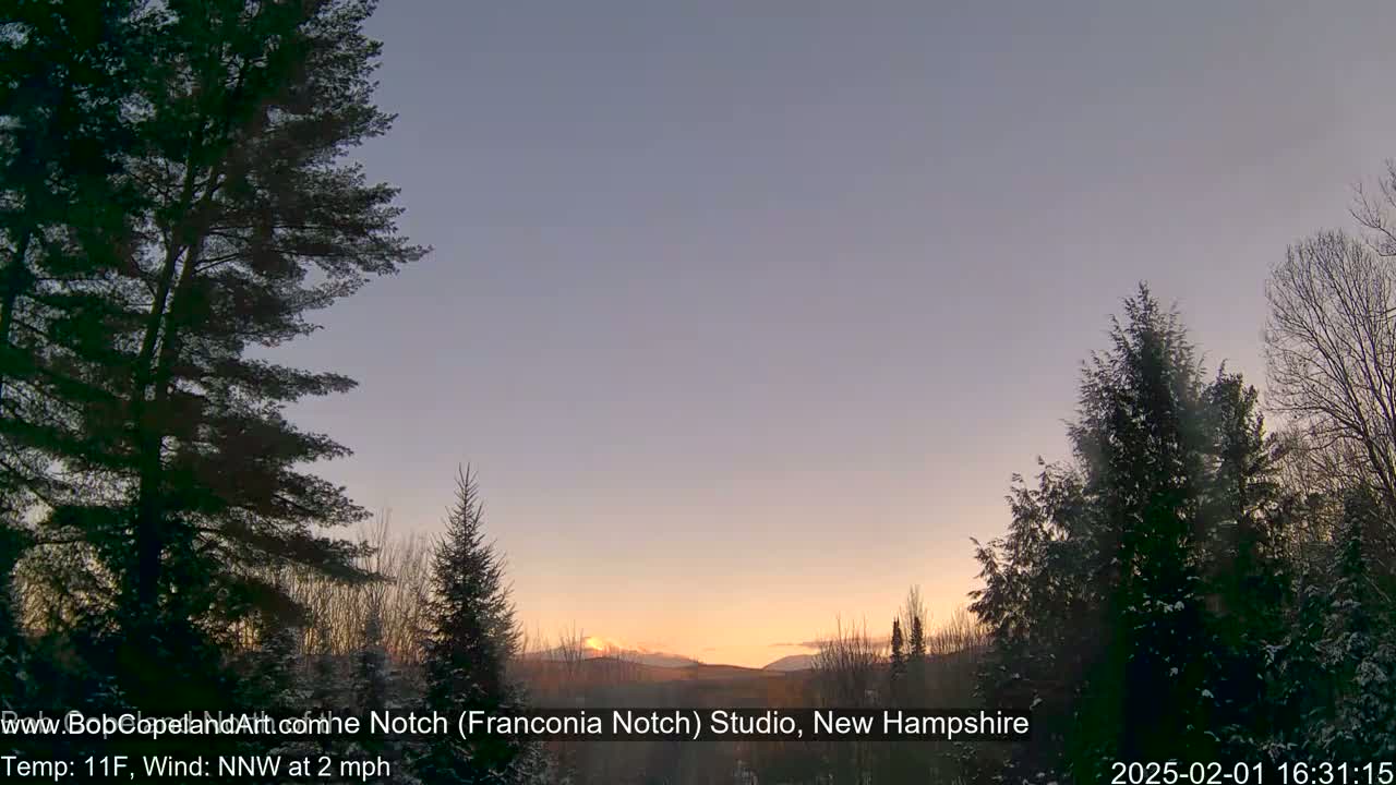 A partially snow-covered winter landscape at sunset, with evergreens in the foreground and mountains in the distance under a clear, pale sky.