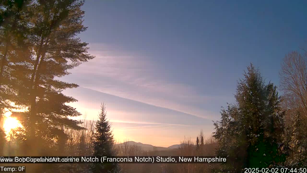 A sunrise casts a warm glow on a snow-dusted landscape of evergreens and distant mountains under a clear, pale blue sky.