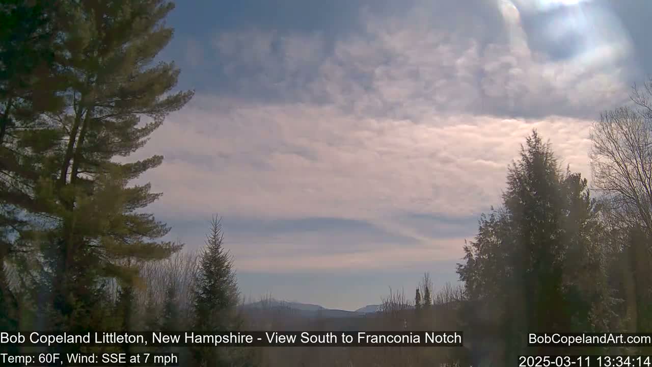 A partly cloudy sky over a mountainous landscape, viewed from between evergreen trees on a breezy, sixty-degree day.
