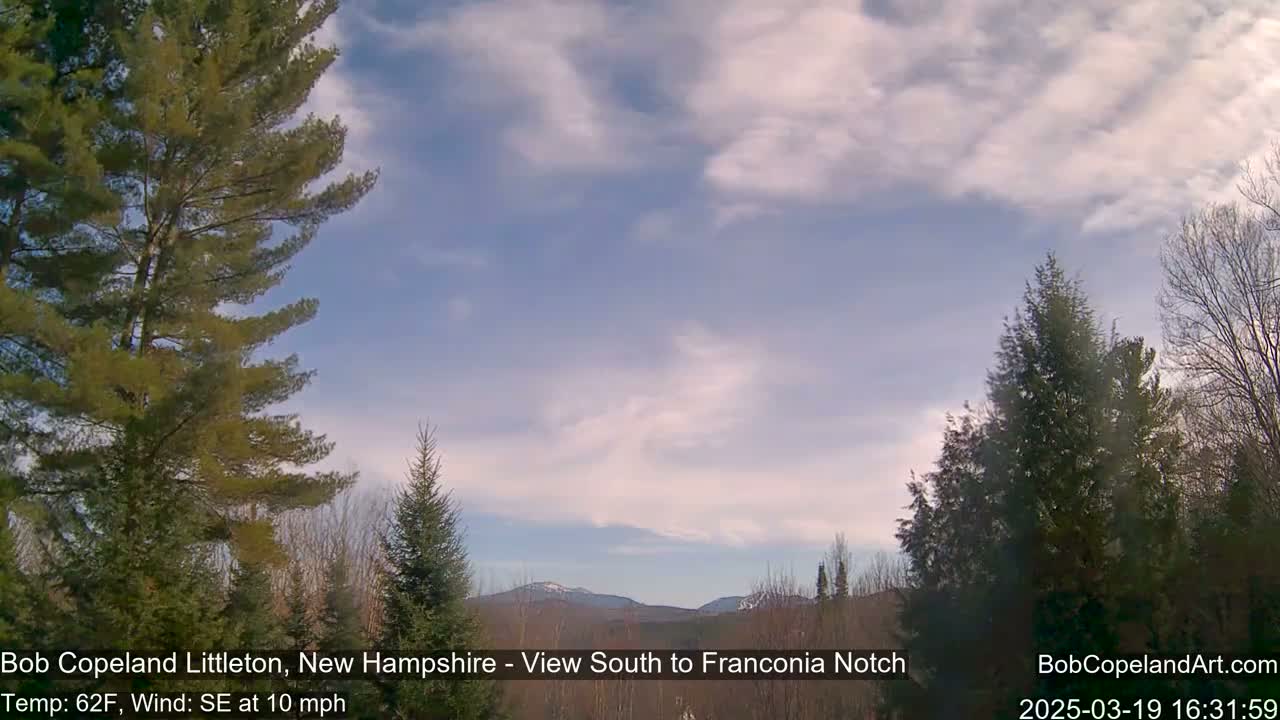A partly cloudy sky with a southeastern wind at 10 mph overlooks a distant mountain range partially covered in snow, seen from a vantage point amidst evergreen trees.