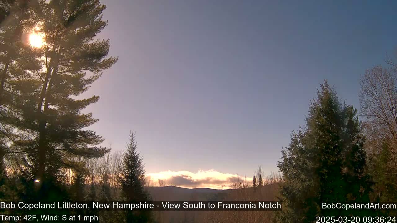 A partly sunny sky over a snow-covered mountain range, viewed from behind evergreen trees.