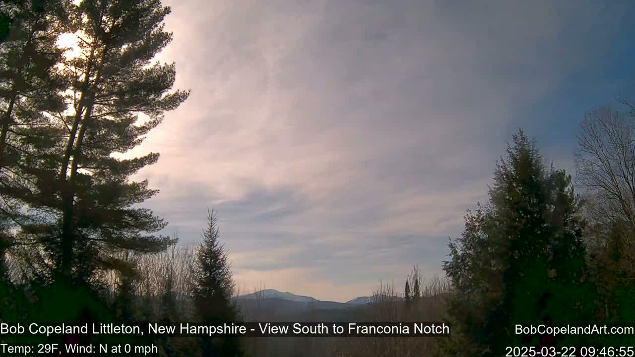 A partly cloudy, cool day with distant mountains visible through evergreen trees.