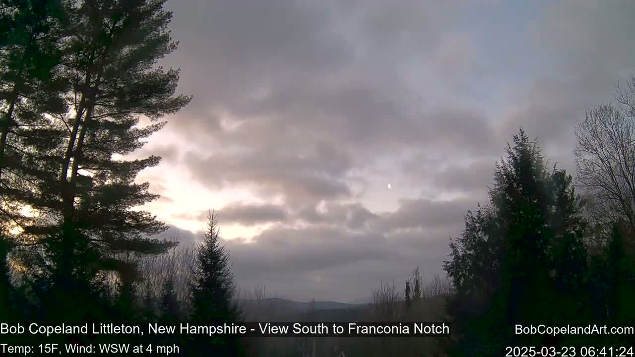 A partially cloudy, dusky sky with a crescent moon hangs above a silhouetted landscape of evergreen trees.
