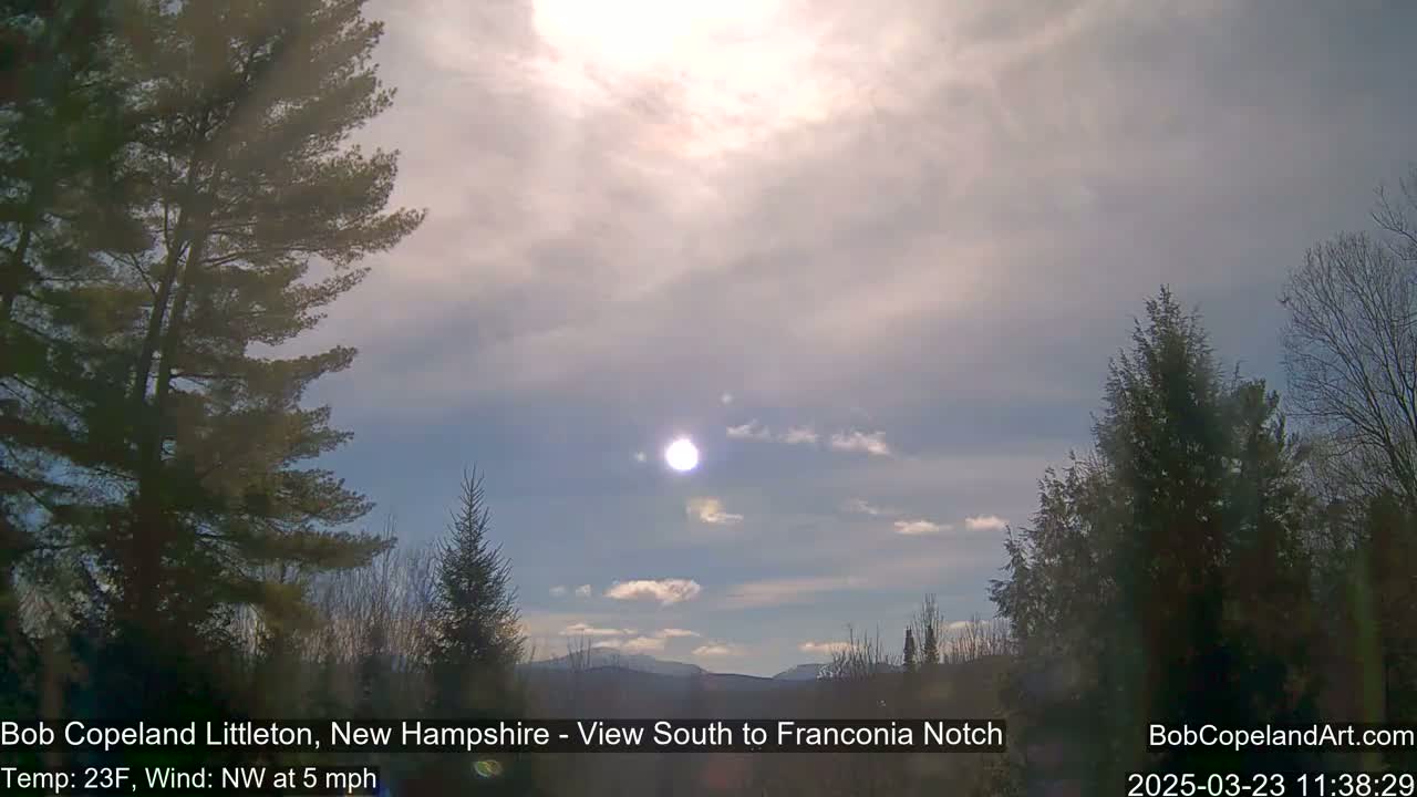 A partly cloudy, sunny day with a northwest wind, showing a view of distant mountains through evergreen trees.