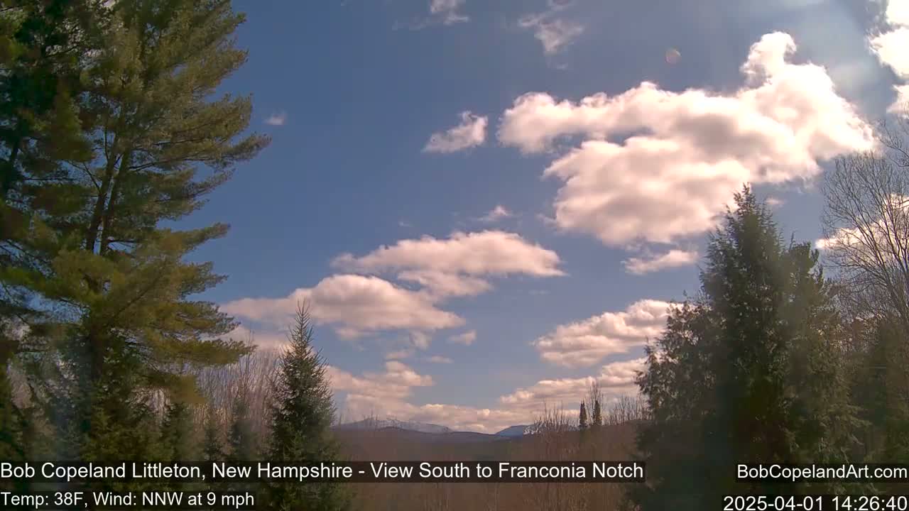 A partly cloudy blue sky over a landscape of evergreens and distant mountains.