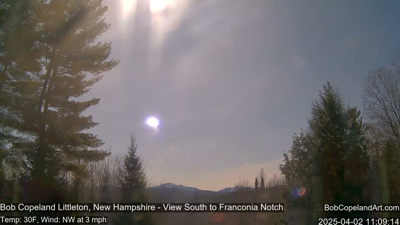 A hazy sun shines in a pale sky above a snow-dusted mountain range, partially obscured by bare and evergreen trees.