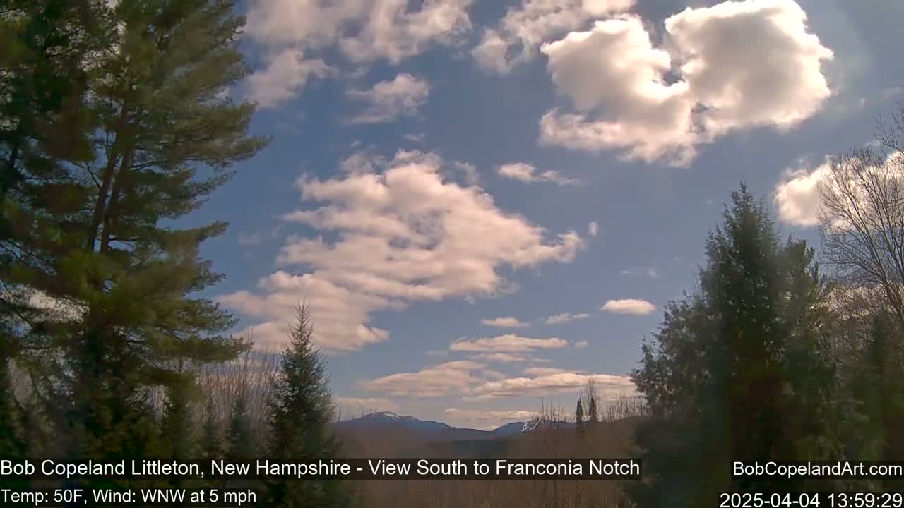 A partly cloudy sky with a light wind shows distant mountains behind a foreground of evergreens.