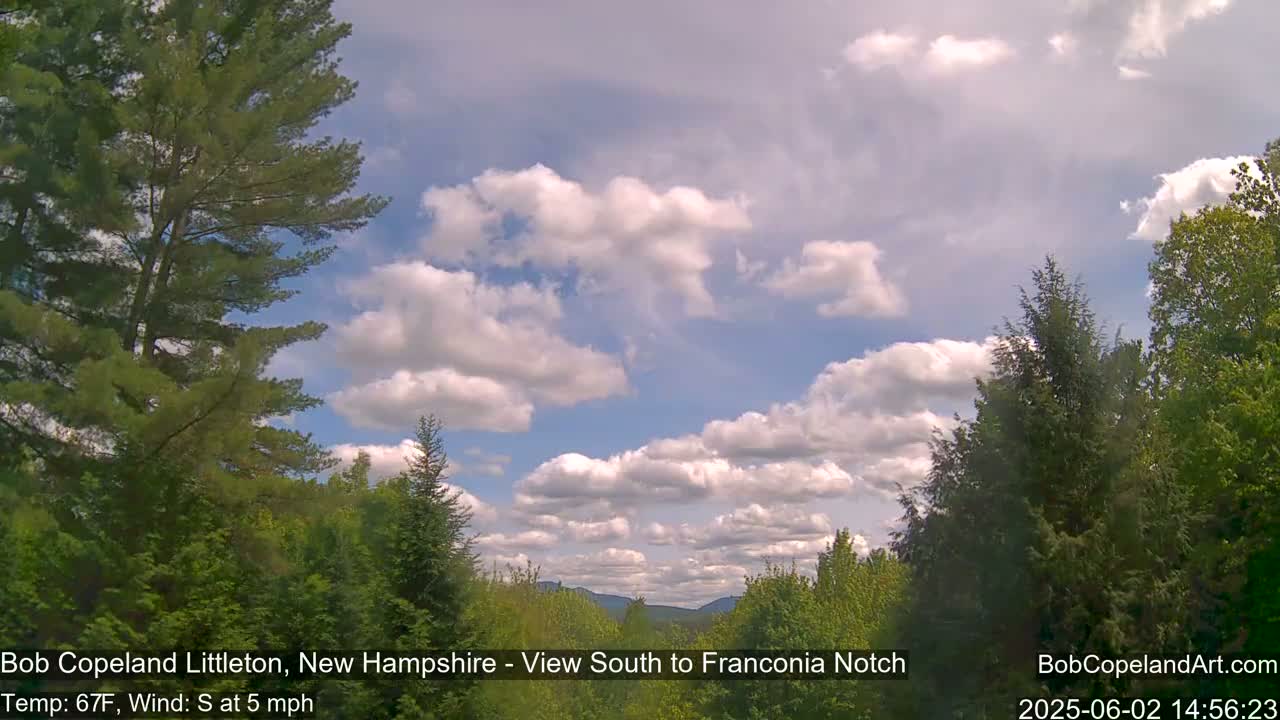 A partly cloudy, sunny day with a gentle south wind shows a view of green trees and distant mountains.