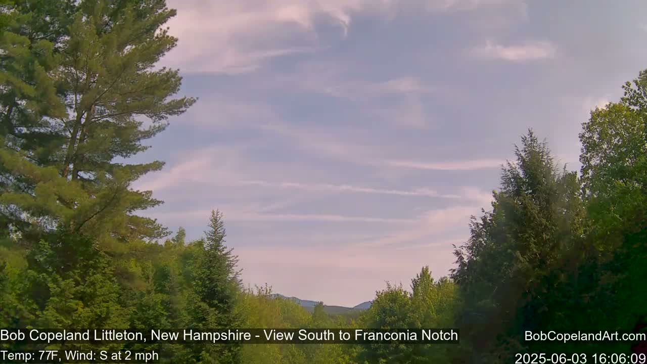 A partly cloudy sky over a green, tree-lined landscape with distant mountains under a light breeze.
