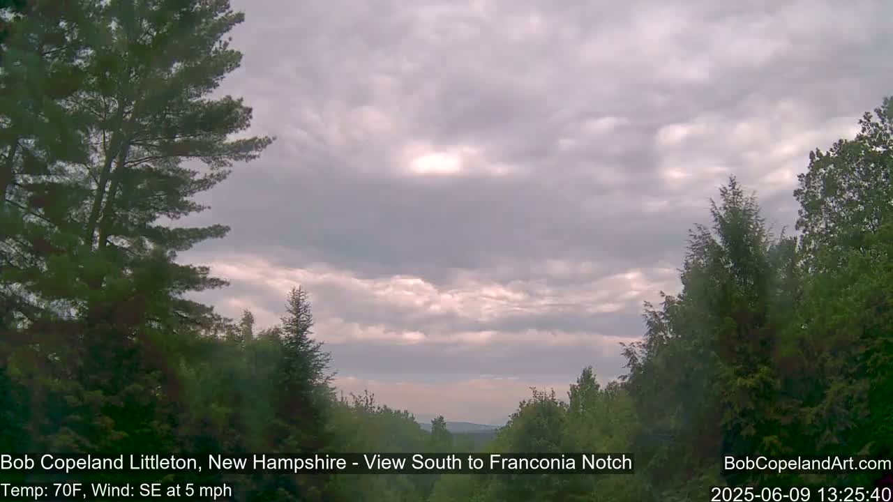 A mostly cloudy sky, with a hint of sunlight breaking through, is visible over a tree-lined landscape.