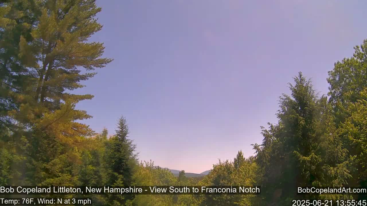 A mostly clear, light blue sky is visible over a landscape of evergreen and deciduous trees, with distant mountains in the background.