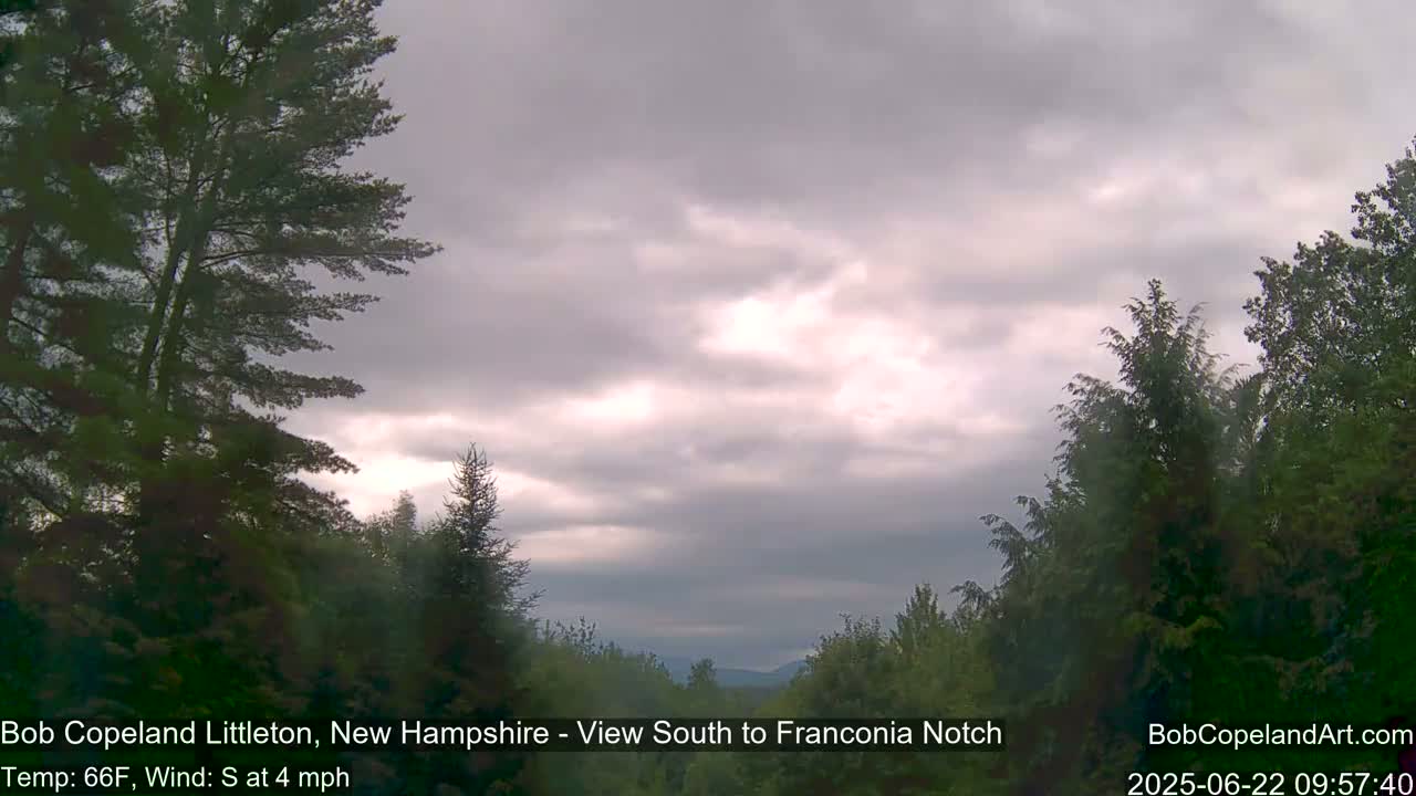 A view of a partly cloudy sky over a forested landscape, with a gentle south wind.