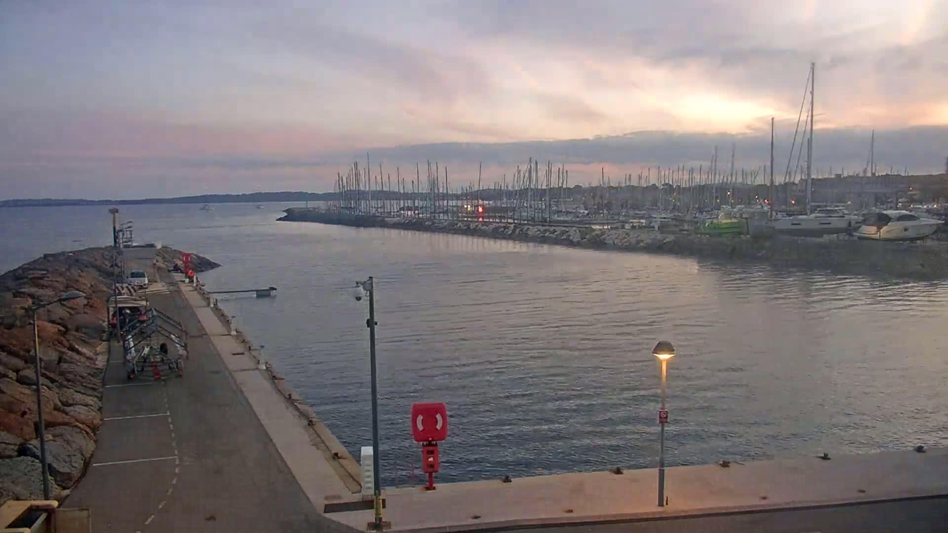 A calm harbor at dawn, filled with numerous sailboats moored along a seawall, is viewed from a nearby pier.