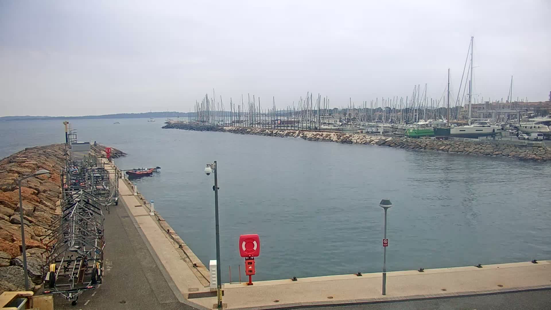 A calm harbor with many sailboats docked, viewed from a rocky shore on an overcast day.