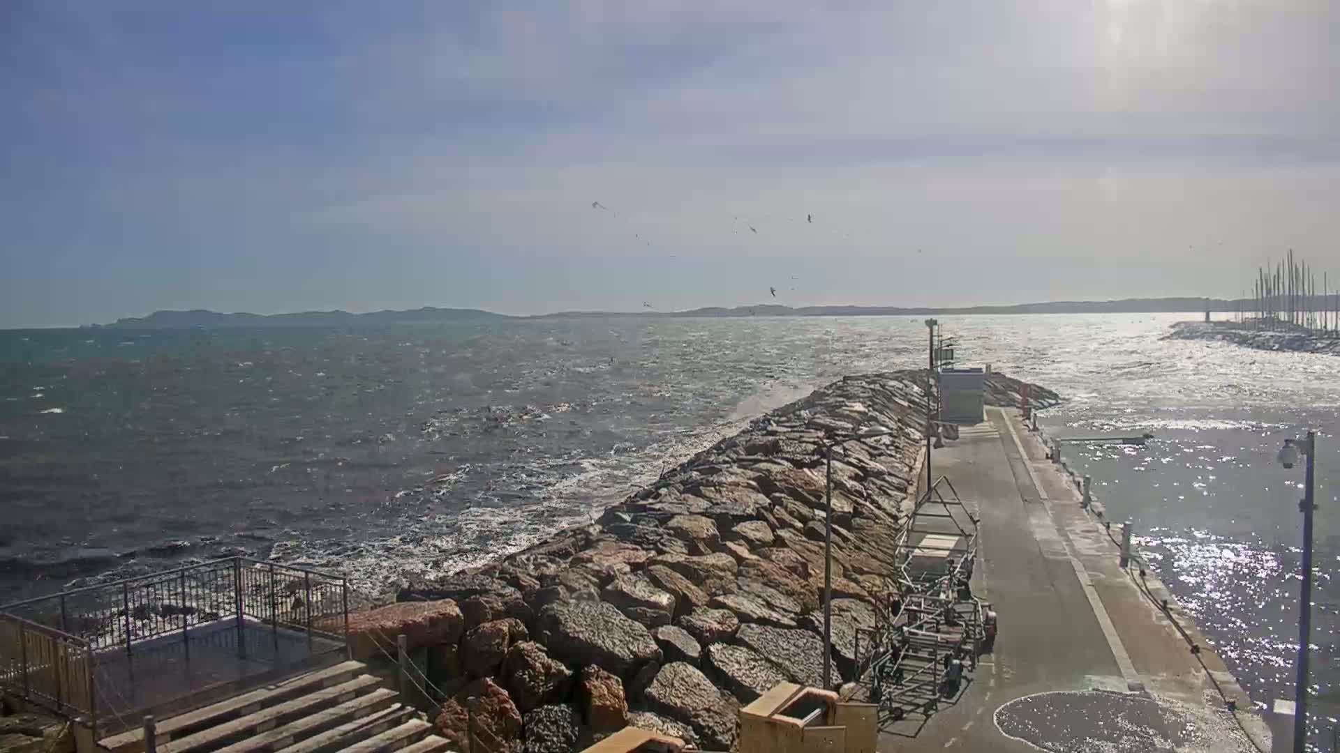 A rocky breakwater extends into a choppy sea under a bright, sunny sky, with distant land visible on the horizon and several birds flying overhead.