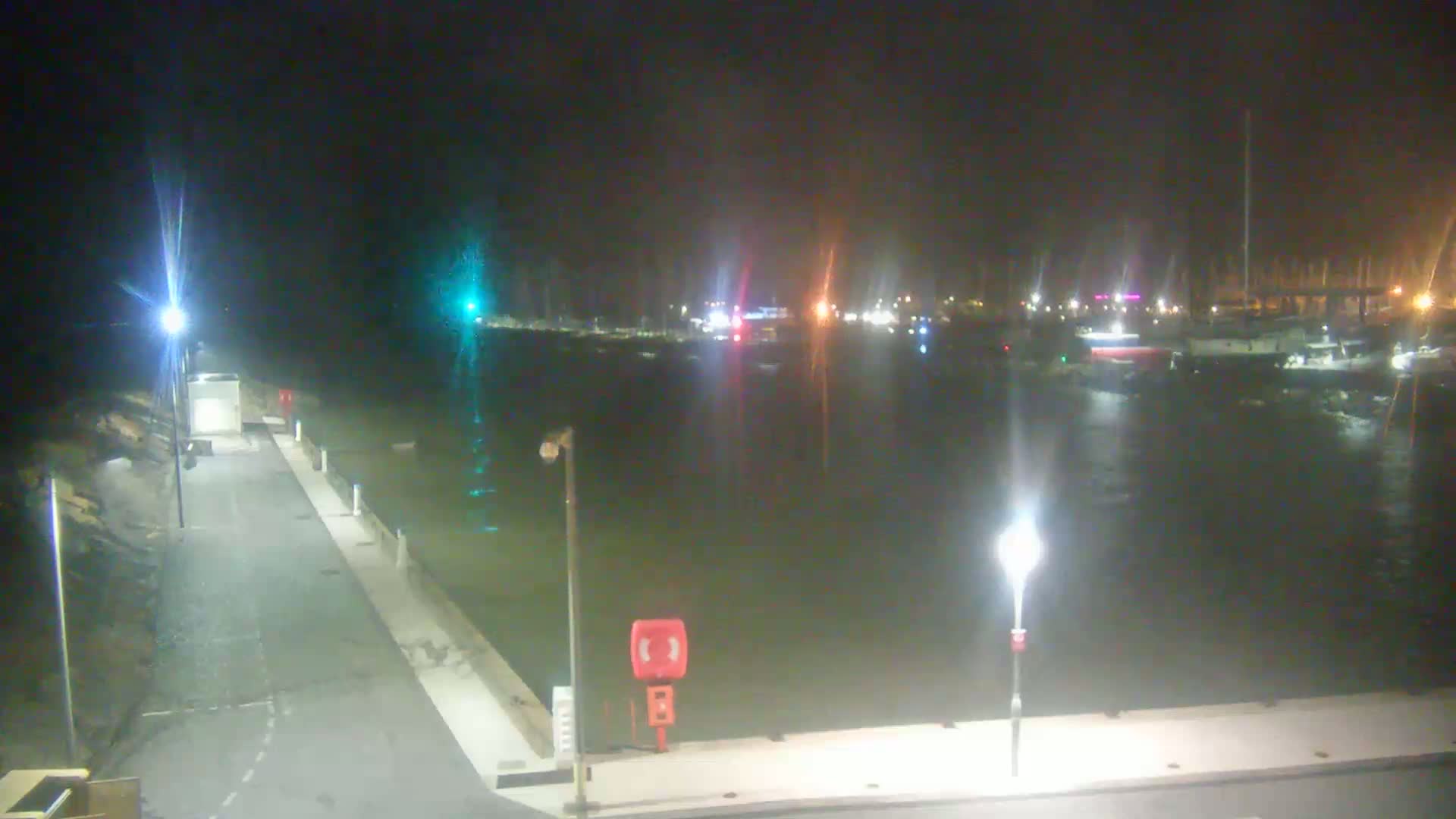 A nighttime view of a marina with boats docked, illuminated by streetlights, under calm conditions.