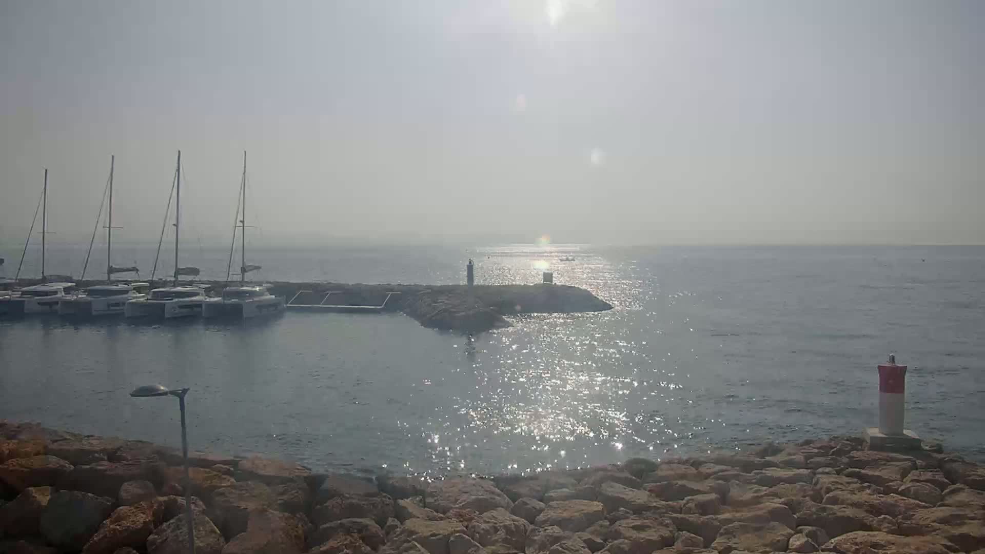 Several sailboats are docked in a calm harbor on a hazy, sunny day.