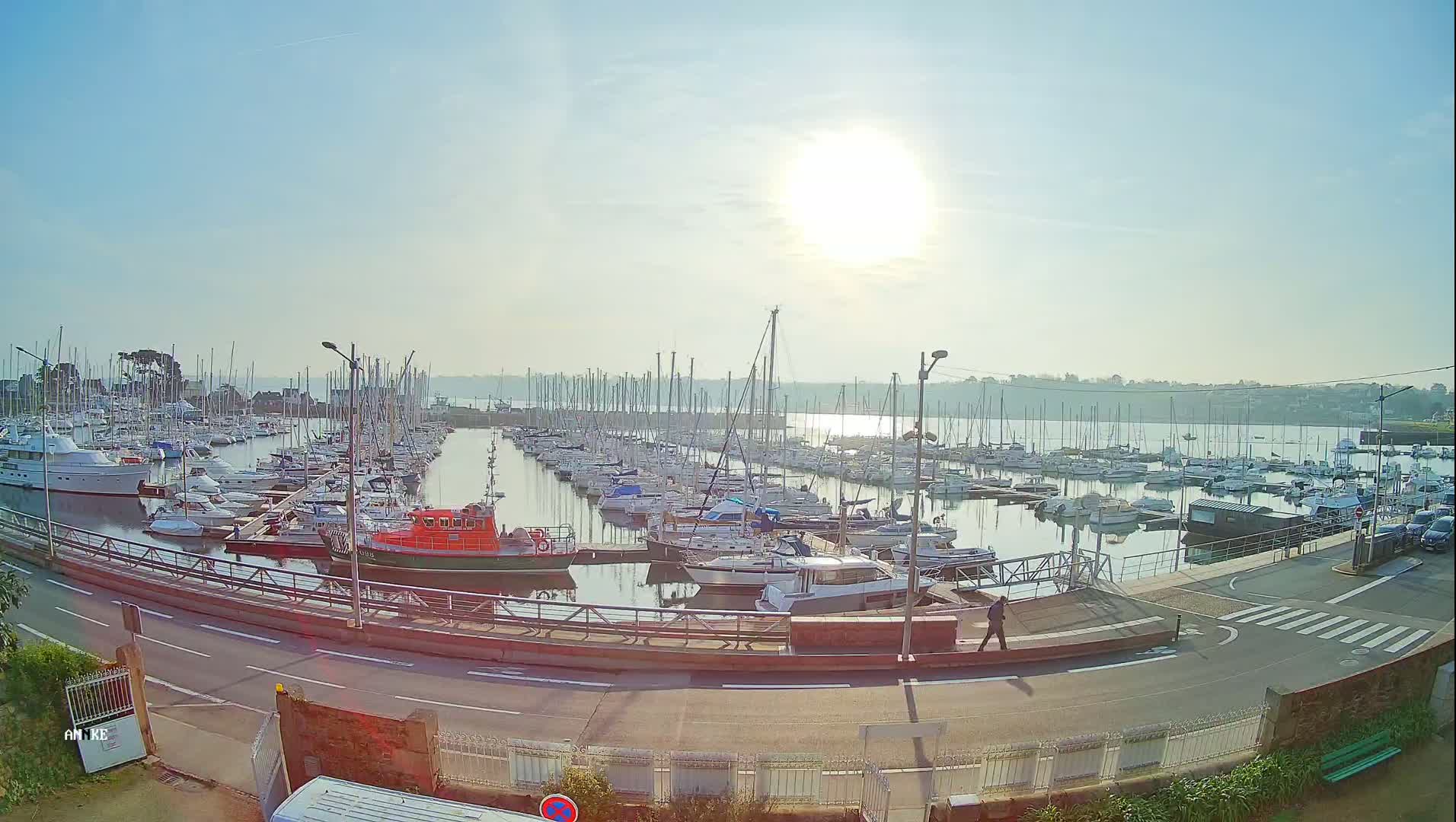 A marina filled with numerous sailboats and motorboats under a bright, sunny sky.