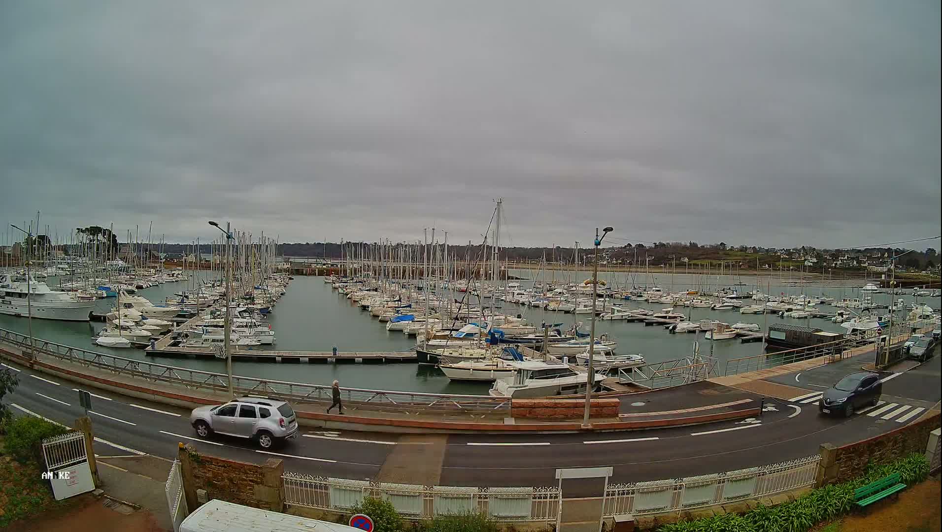 A marina filled with numerous sailboats and motorboats under an overcast sky.