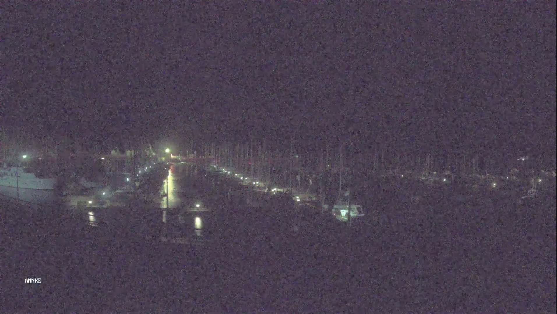 A nighttime, long shot of a marina with boats docked along a calm waterway, illuminated by lights.