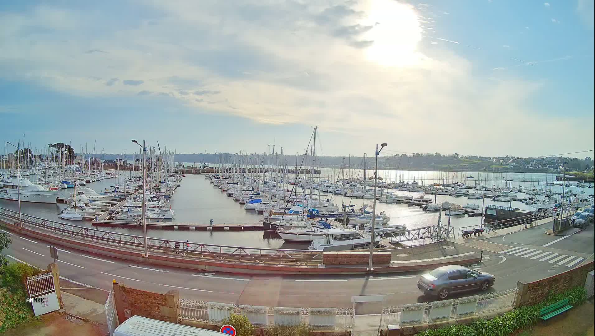 A sunny day reveals a large marina filled with numerous sailboats and motorboats, situated alongside a road with a single car visible.