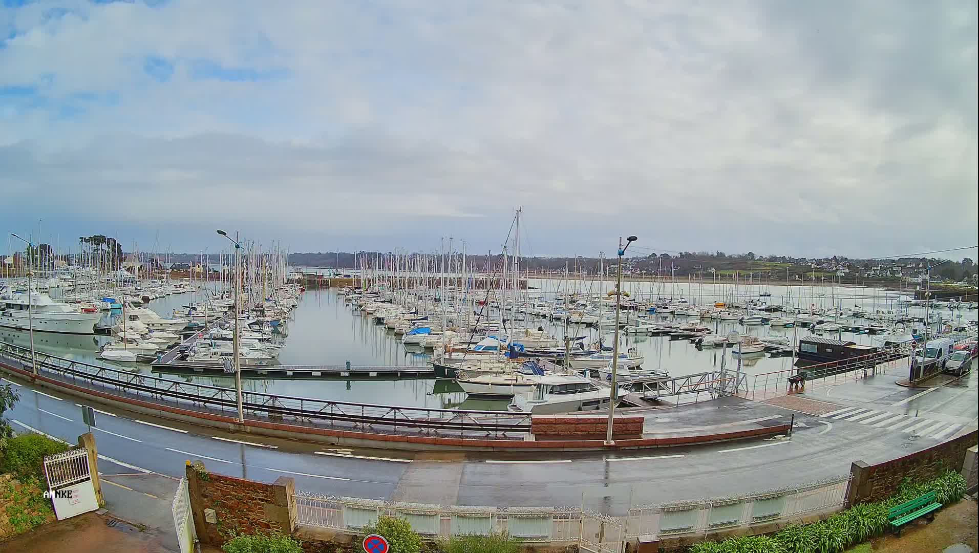 A marina filled with numerous sailboats and motorboats is seen on an overcast day with wet roads.