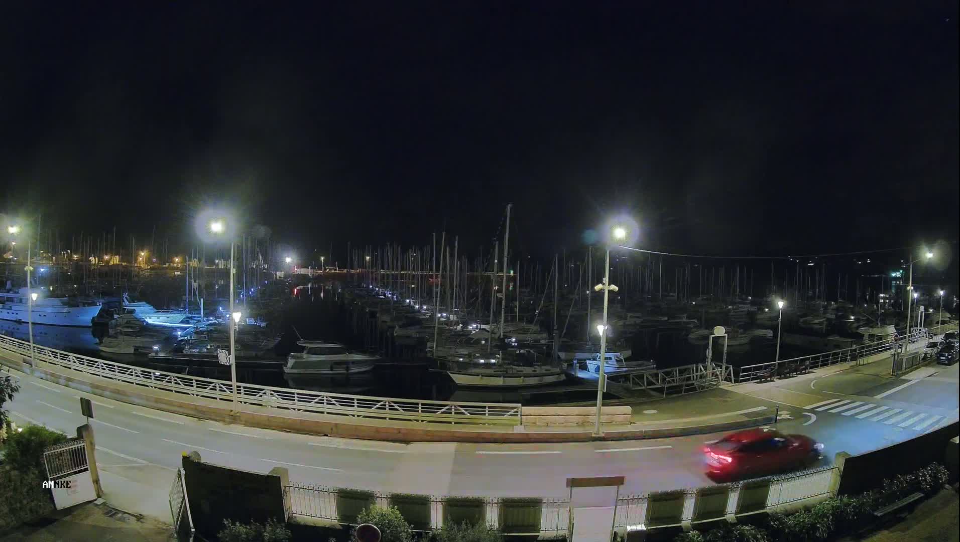 A nighttime view of a marina filled with numerous boats, illuminated by streetlights, with a red car driving on a nearby road.