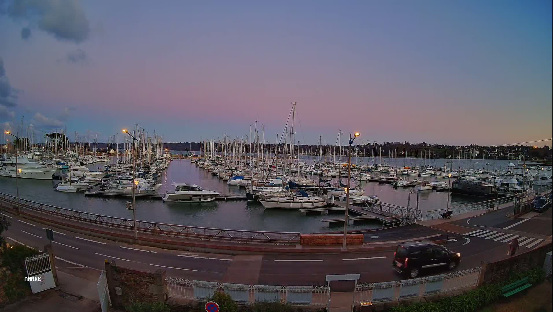 A marina filled with numerous sailboats and motorboats is seen at dusk under a pale pink and purple sky.