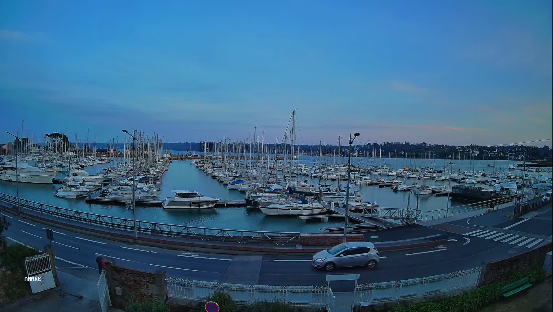 A marina filled with numerous sailboats and motorboats is situated along a calm body of water under a twilight sky.