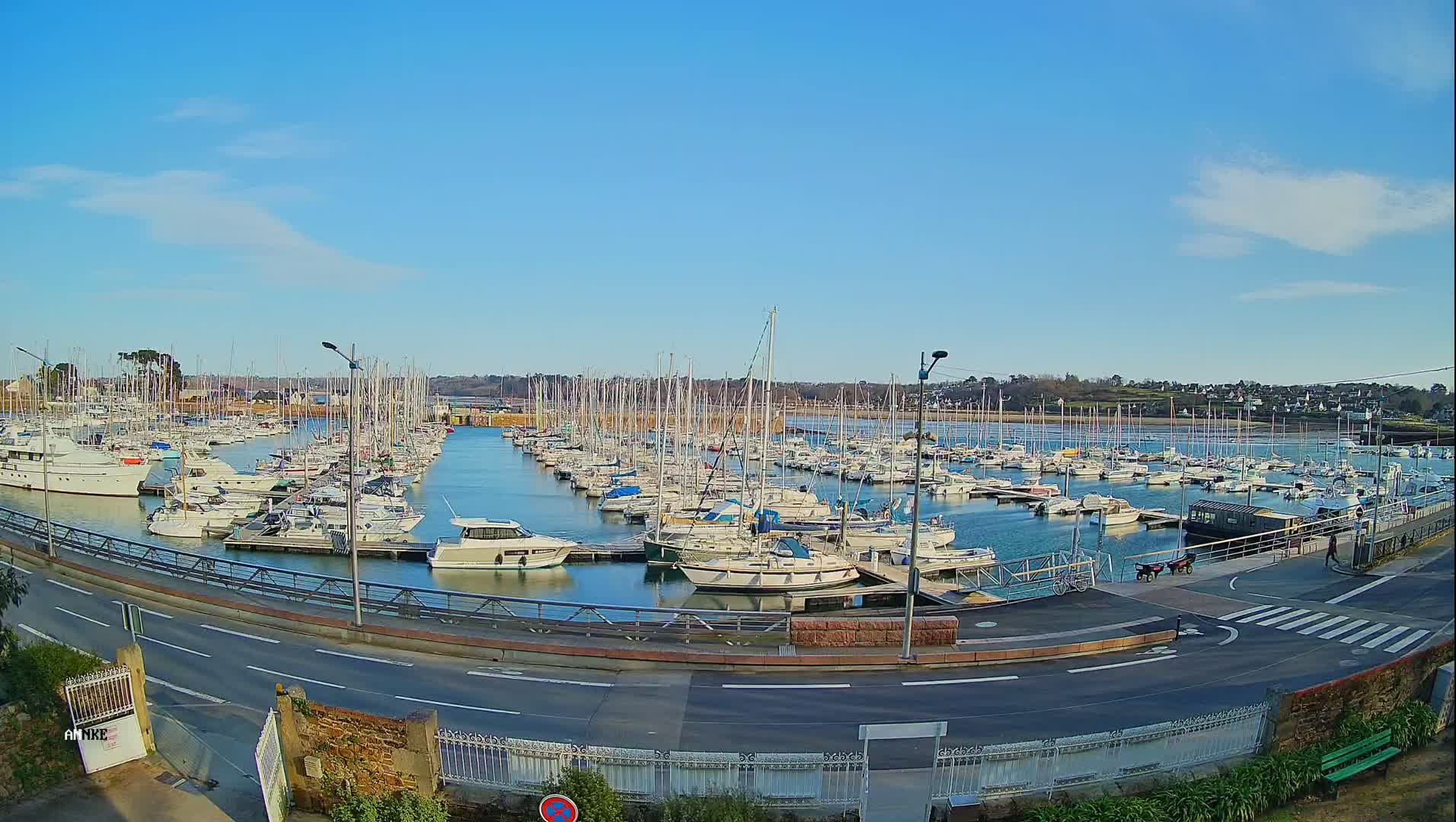 A marina filled with numerous sailboats and motorboats is situated under a clear blue sky on a sunny day.
