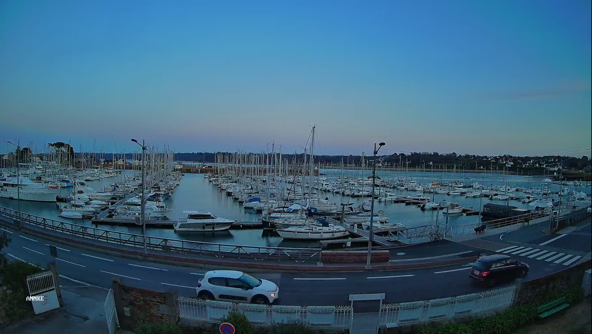 A marina filled with numerous sailboats and motorboats is situated under a clear, twilight sky.