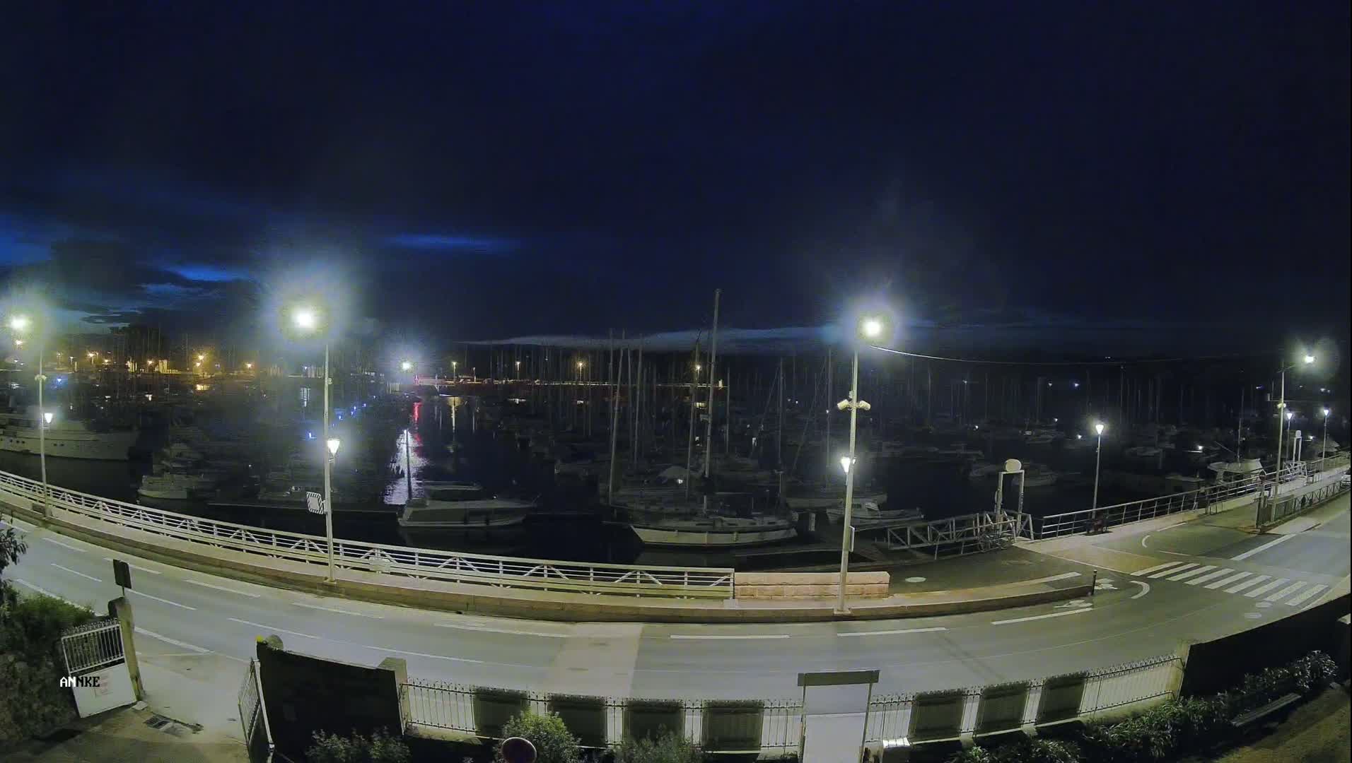 A marina filled with boats at night under a partly cloudy sky is illuminated by numerous streetlights along a paved road.