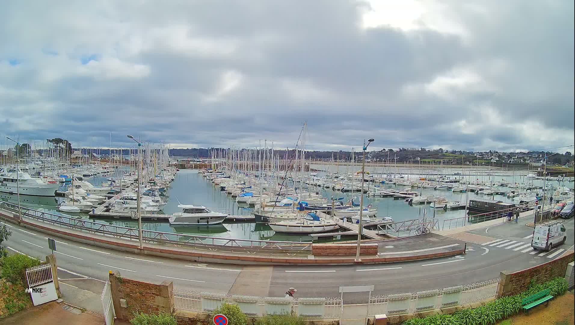 A large marina filled with numerous boats is seen under a cloudy sky.