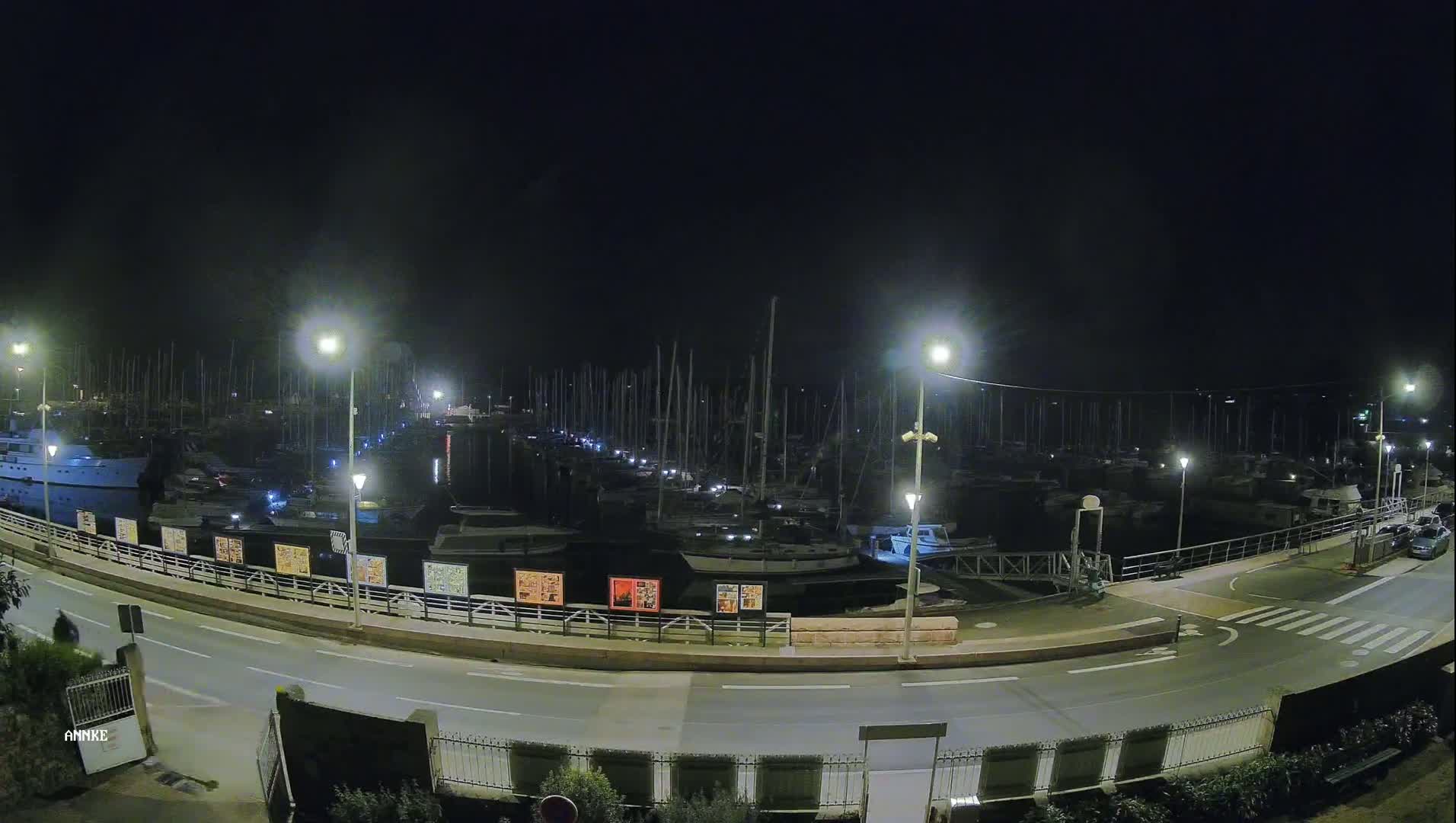 A nighttime view of a marina filled with numerous boats and yachts, illuminated by streetlights, under a clear, dark sky.