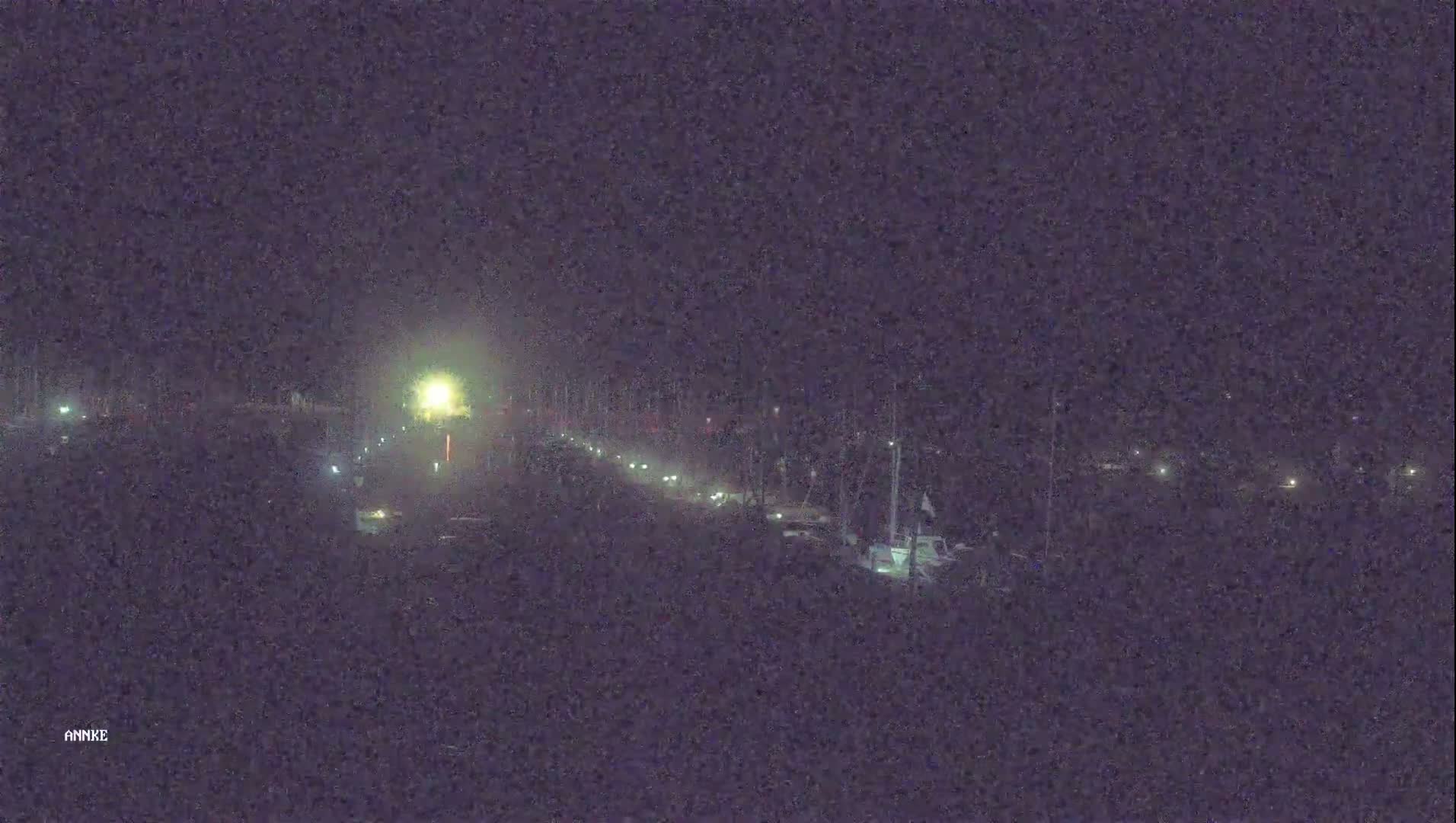 A nighttime, hazy view of a road with vehicles and a marina in the background.