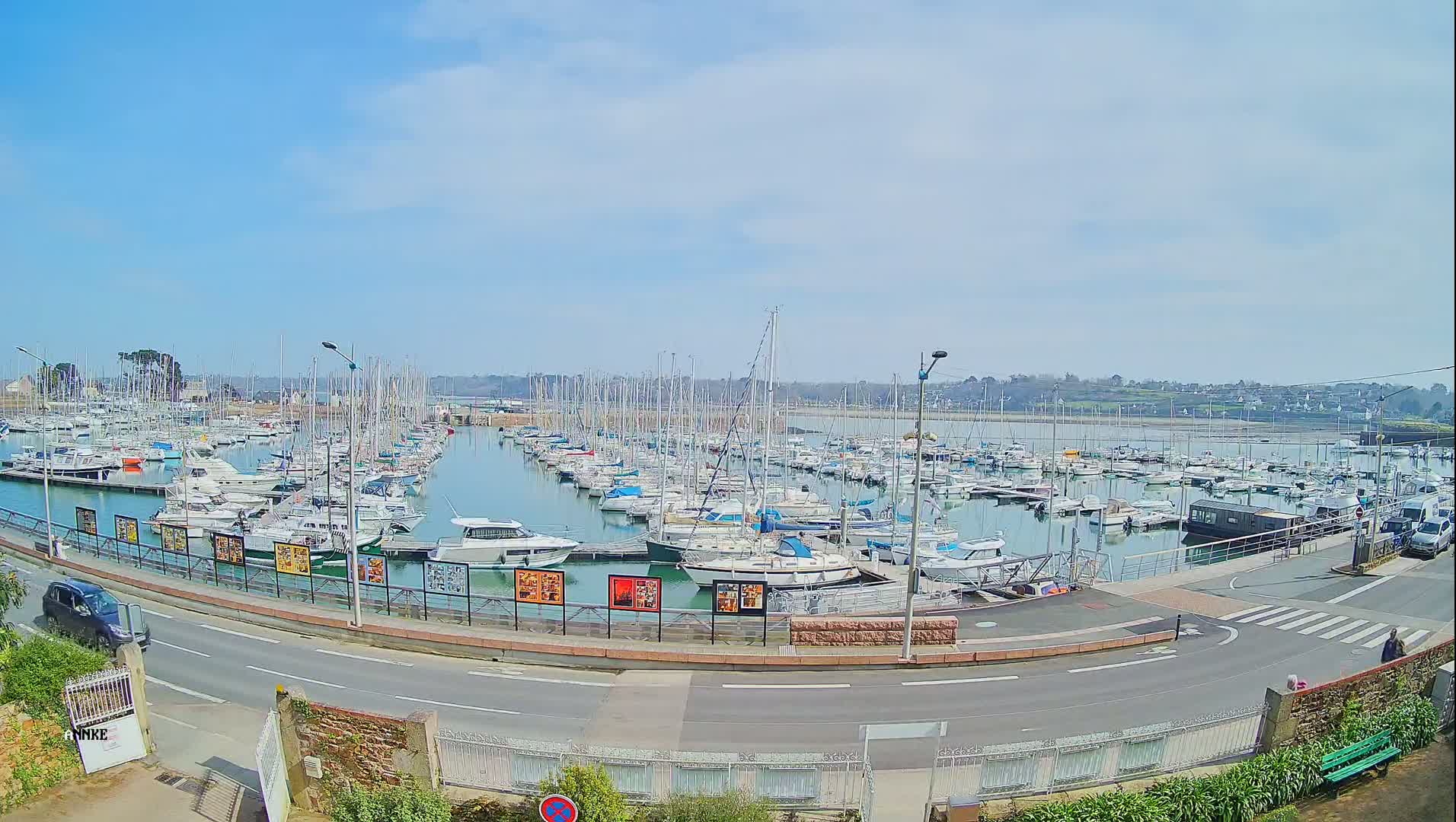 A marina filled with numerous sailboats and motorboats under a clear blue sky.